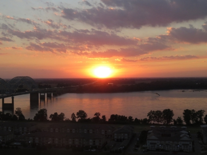 Sunset from the top of the Pyramid with Mississippi River in the background